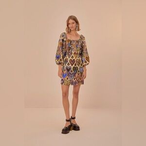 NWOT Farm Rio Hearts Ikat Long Sleeve Square Neckline Mini Dress Cream S